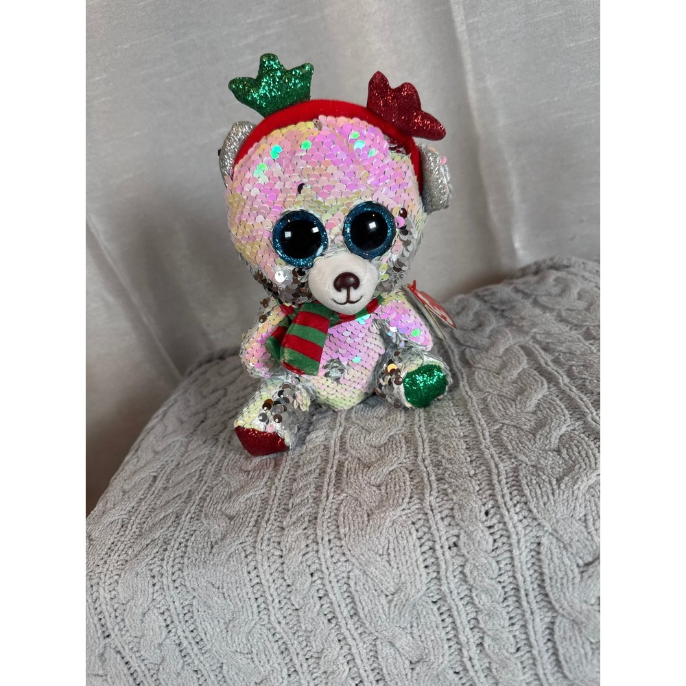 Ty Beanie Boos MISTLETOE Reversible Sequin Teddy Bear Plush Holiday Christmas